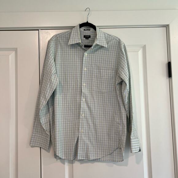 J Crew Men's Button Down Dress Shirt Green Blue Plaid Size S 14-14.5 100% Cotton - Picture 1 of 8